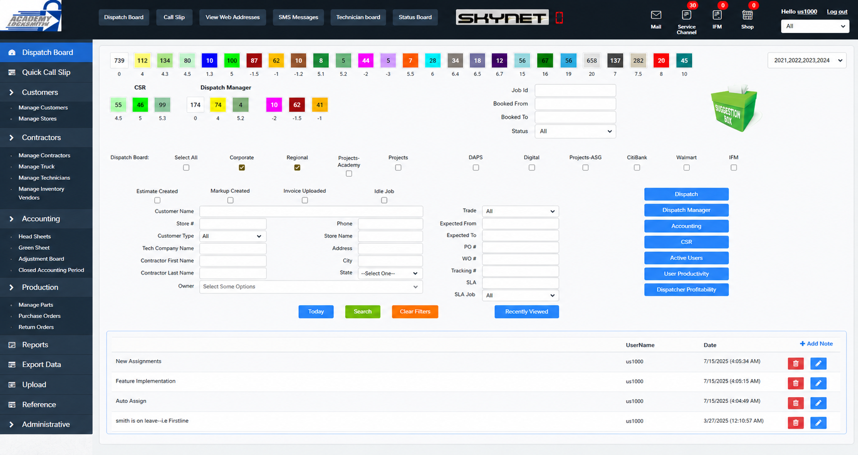 Academy Locksmith dashboard